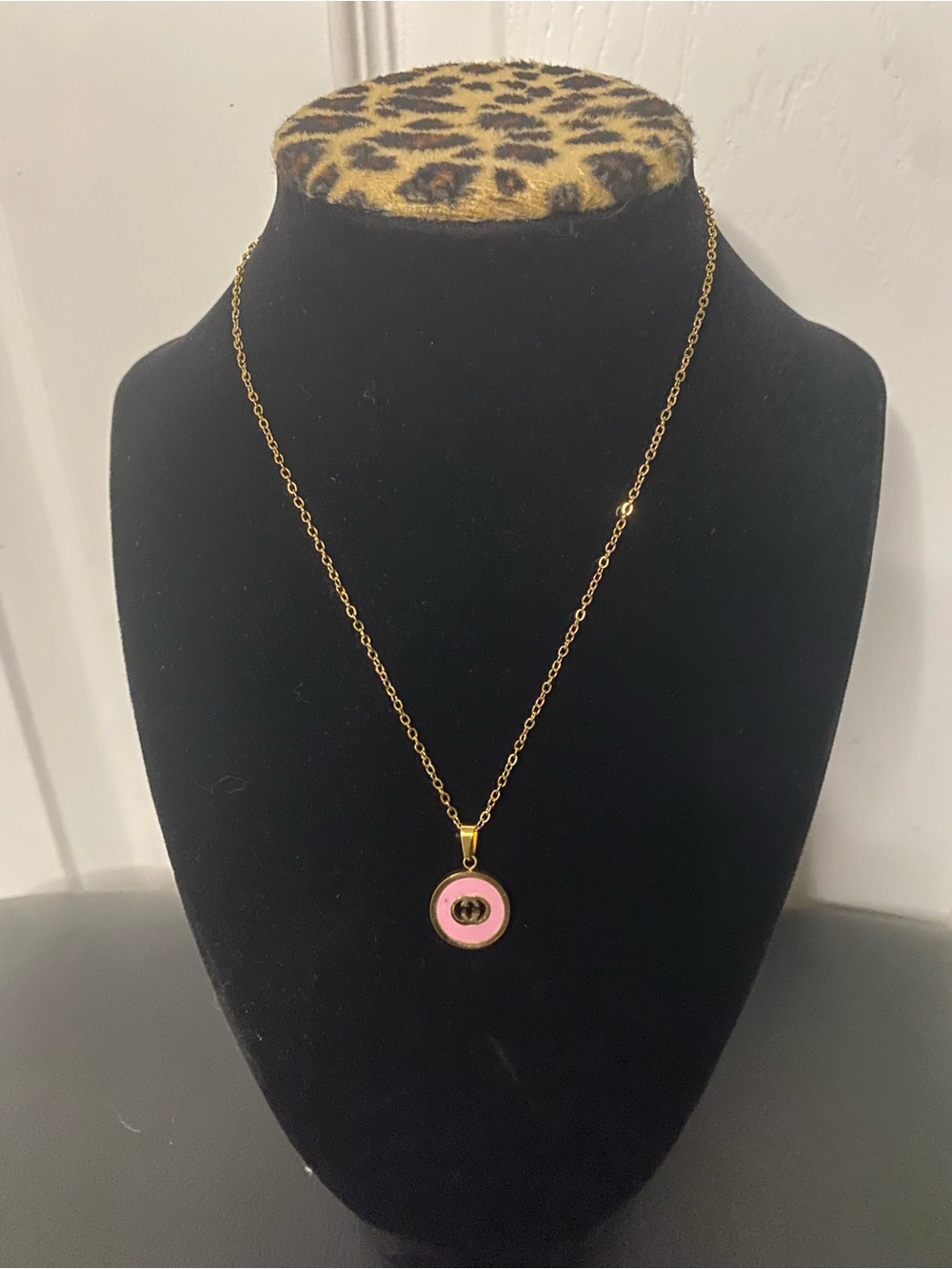 Gold-Tone Stainless Steel Pink Enamel with GG Pendant Necklace